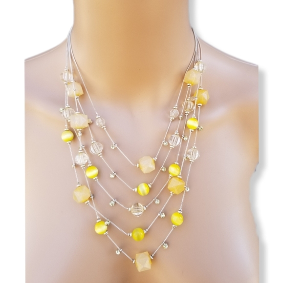 SILVERTONED LAYERED NECKLACE WITH PEACH & YELLOW ACRYLIC & CATS EYE GLASS BEADS - Picture 1 of 5